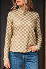 Hazel Blues® |  Khaki Check Pattern Turtleneck Ribbed Slim Long Sleeve Tee