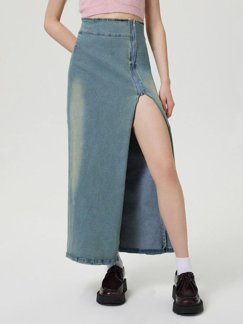 Hazel Blues® |  Slit Denim Skirt with Zip