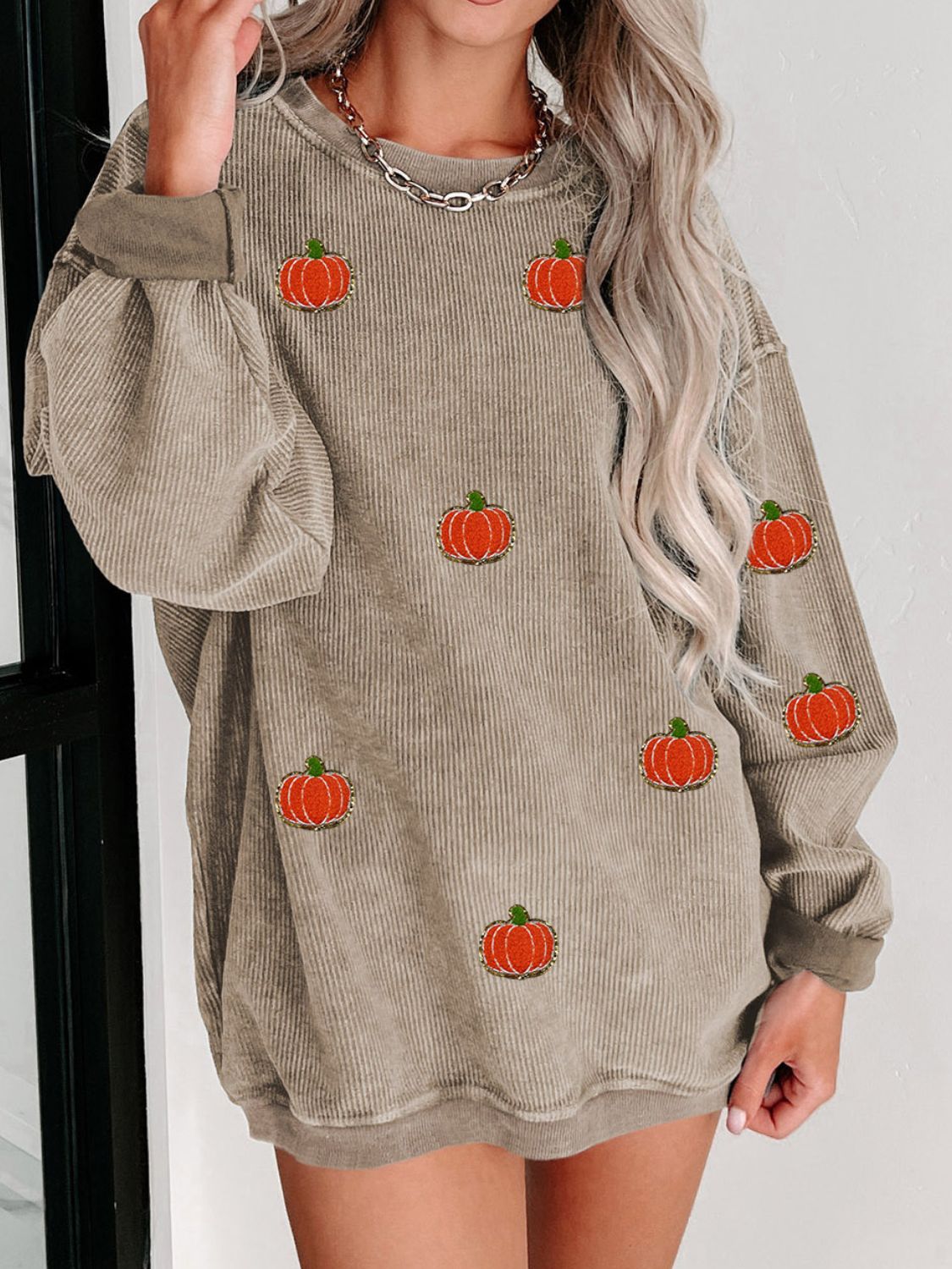 Hazel Blues® |  Pumpkin Round Neck Long Sleeve Sweatshirt