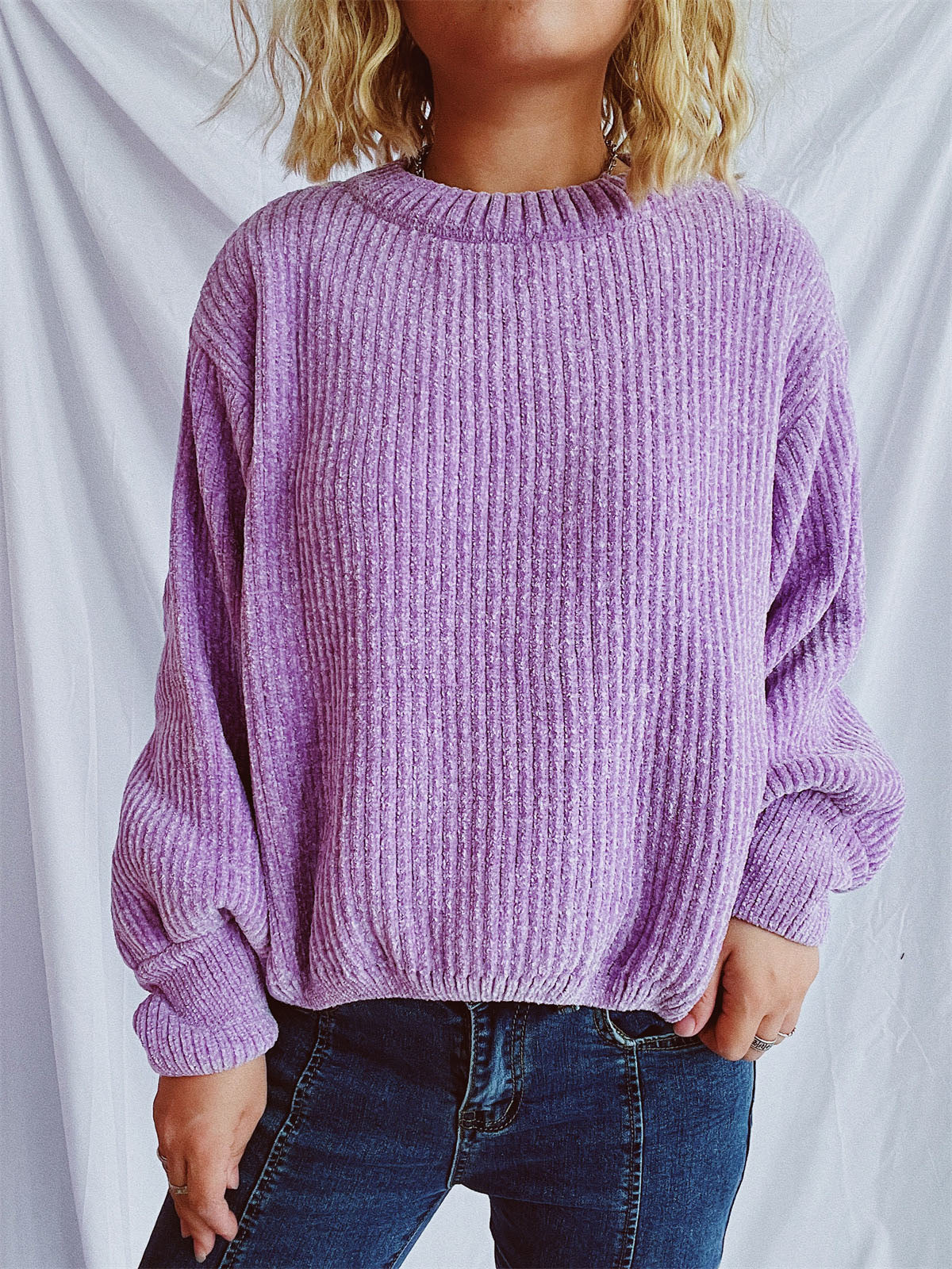 Hazel Blues® |  Round Neck Dropped Shoulder Long Sleeve Sweater