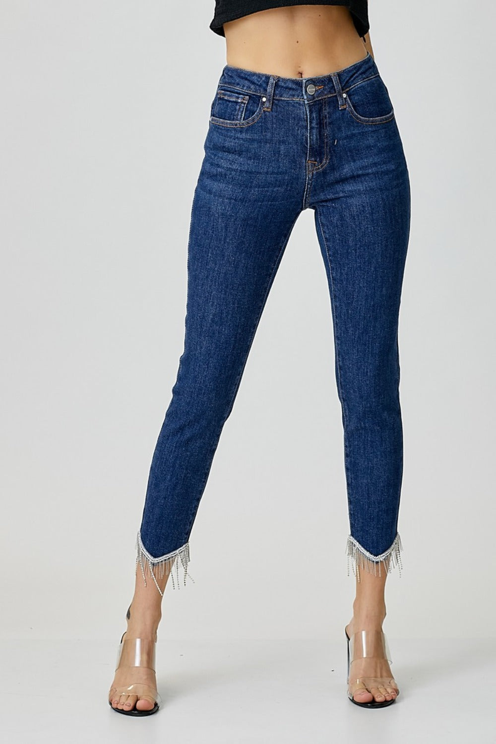 Hazel Blues® |  RISEN Embellished Mid Rise Crop Skinny Jeans