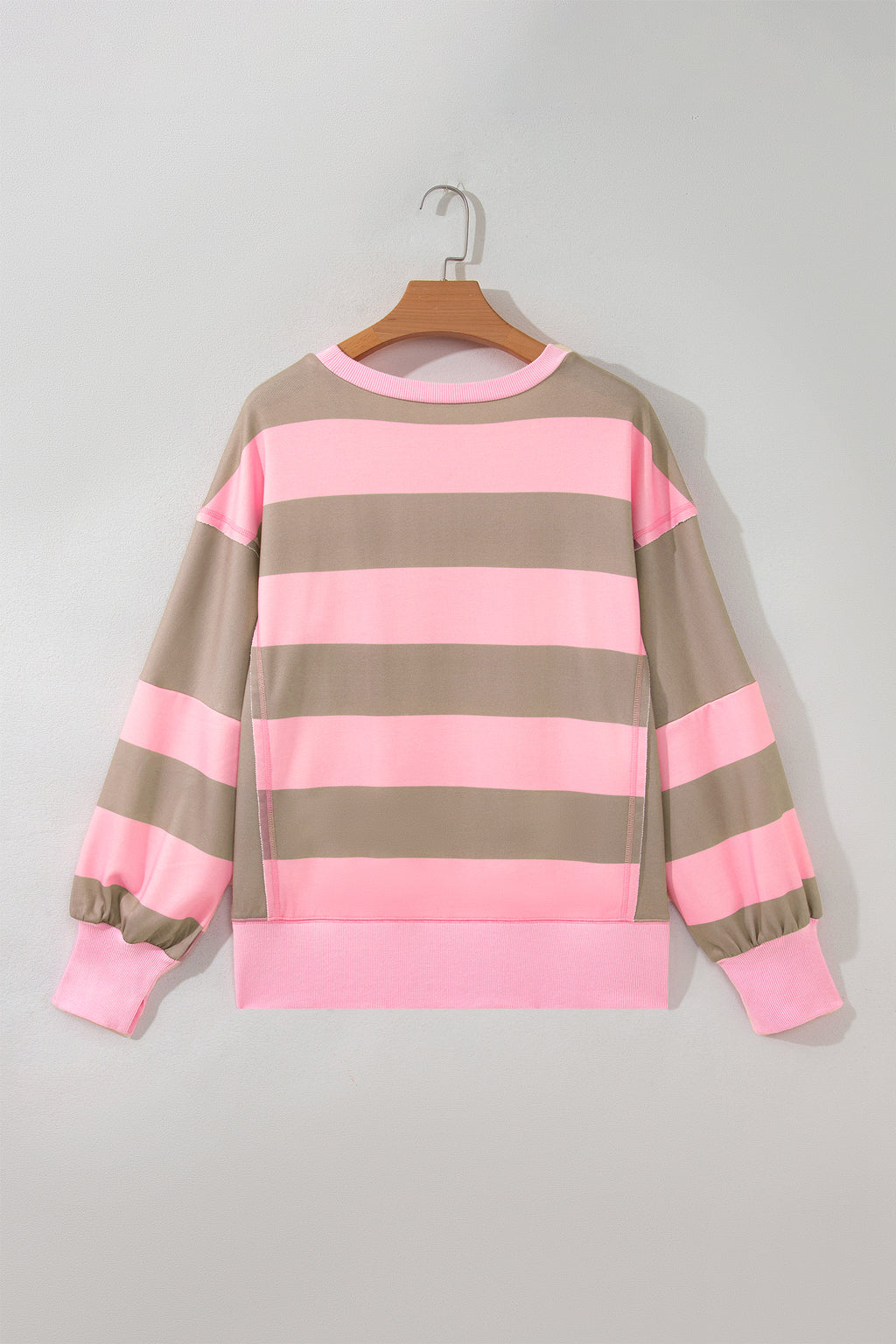 Pink Stripe Striped Color-Block Patch Pocket Split Hem Oversized Long-Sleeve Sweatshirt
