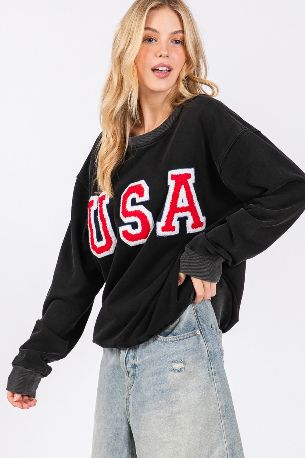 Hazel Blues® |  SAGE + FIG USA Letter Patch Round Neck Sweatshirt