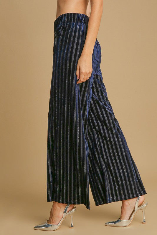 Hazel Blues® |  Umgee Elastic Waist Striped Wide Leg Velvet Pants