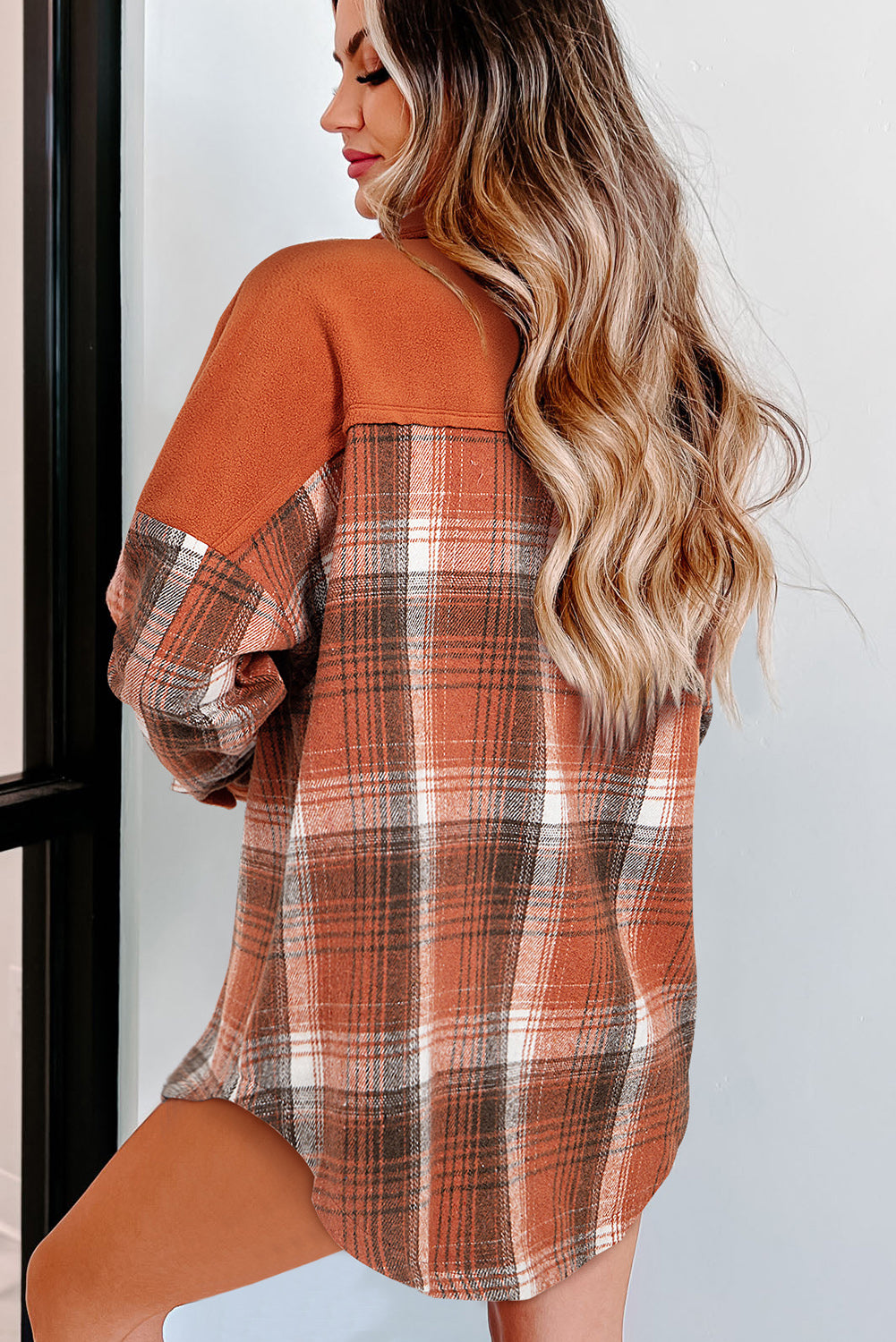 Khaki Color-Block Plaid Pattern Flap Pockets Buttoned Shacket