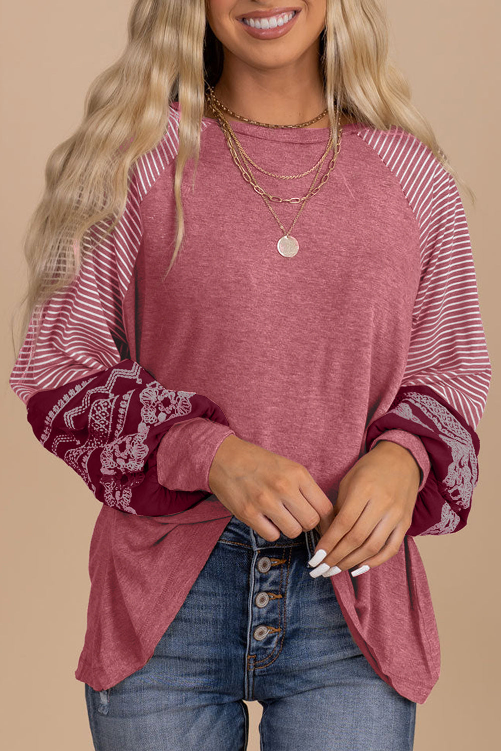 Hazel Blues® |  Black Contrast Print Striped Raglan Long Sleeve Loose Top