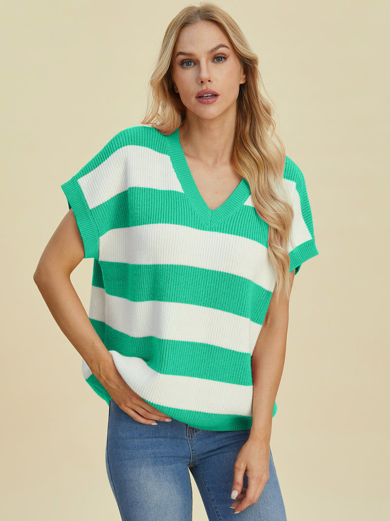 Hazel Blues® |  Double Take Striped V-Neck Short Sleeve Sweater