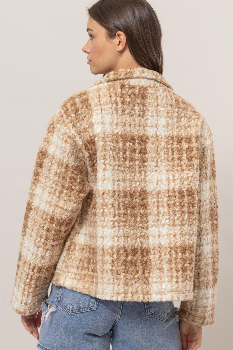 Hazel Blues® |  HYFVE Plaid Collared Neck Boucle Jacket with Pockets