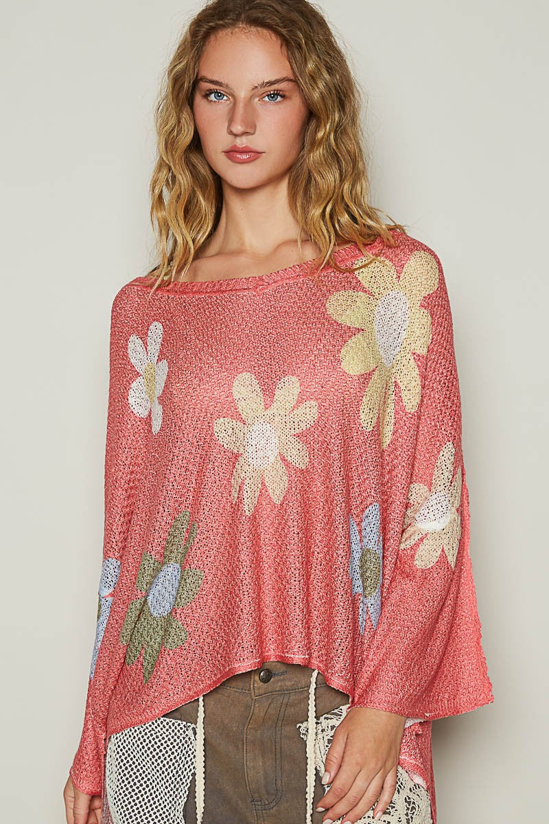 Hazel Blues® |  POL Flower Dropped Shoulder Long Sleeve Knit Top