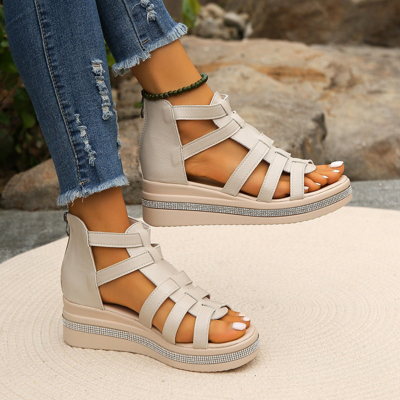 Hazel Blues® |  Cutout Rhinestone Trim Wedge Sandals