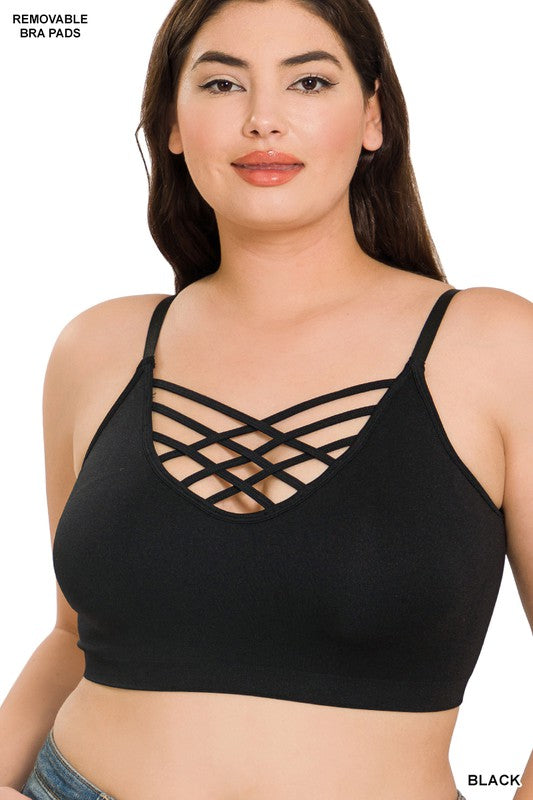 Hazel Blues® |  FRONT V-LATTICE BRALETTE WITH REMOVABLE BRA PADS