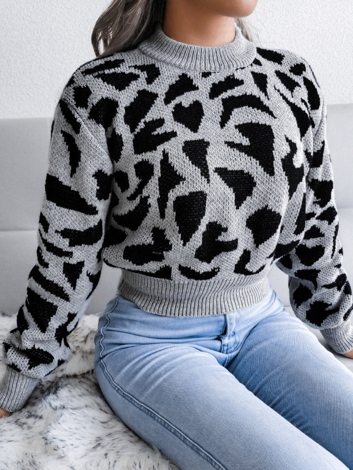 Hazel Blues® |  Leopard Round Neck Dropped Shoulder Sweater