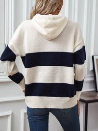 Hazel Blues® |  Drawstring Contrast Stripe Dropped Shoulder Hooded Sweater