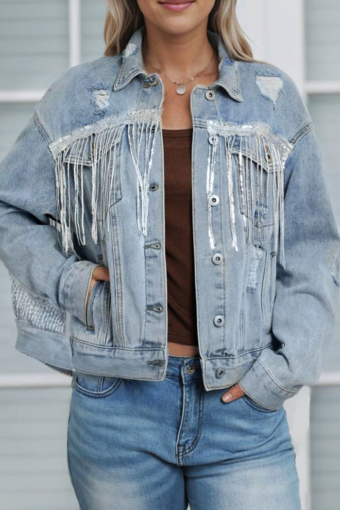 Hazel Blues® |  Sequin Fringe Trim Distressed Button Up Denim Jacket