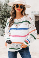 Hazel Blues® |  White Color Block Striped Pointelle Knit Sweater