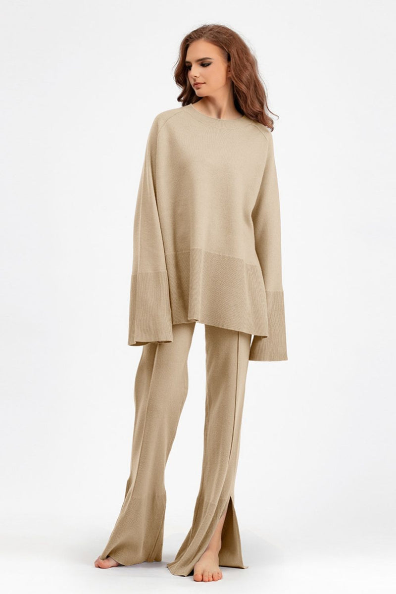 Hazel Blues® |  Basic Bae Slit Round Neck Long Sleeve Top and Drawstring Pants Sweater Set