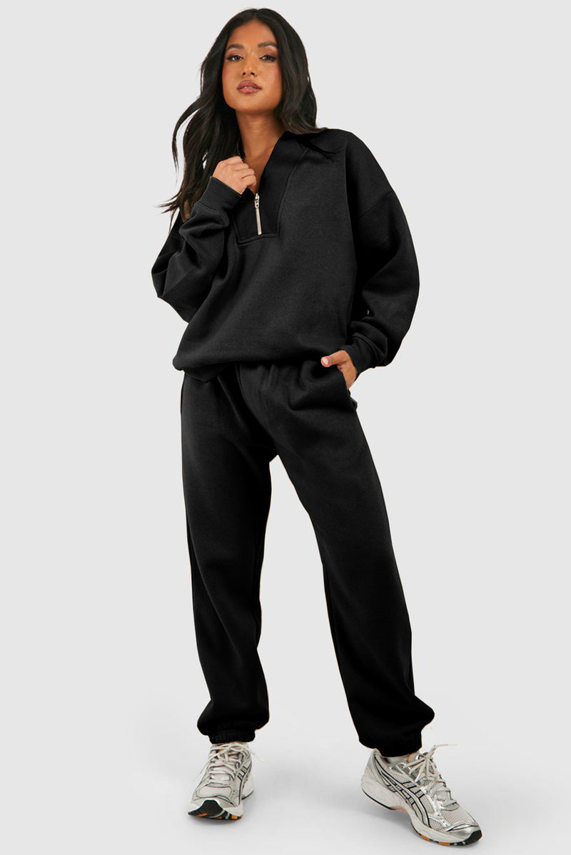 Hazel Blues® |  Black Plain Half Zip V Neck Ribbed Edge Loose Tracksuit