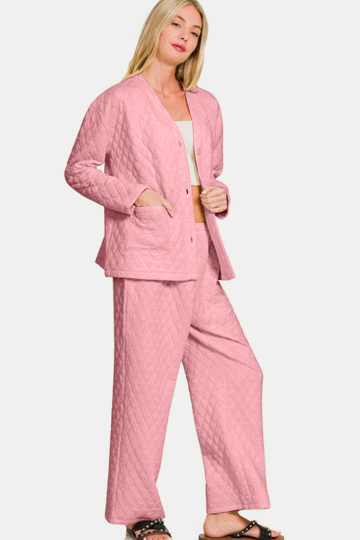 Zenana Quilted Button Up Long Sleeve Top and Pants Lounge Set