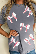 Hazel Blues® |  Gray Football Bow Knot Print Crewneck Casual T Shirt