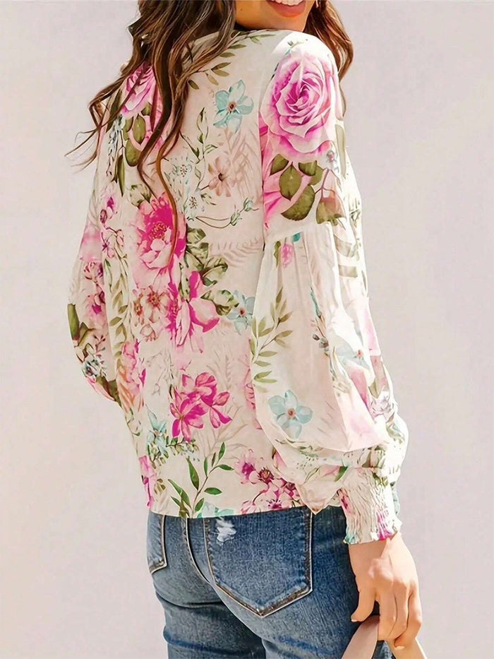 Hazel Blues® |  Printed Round Neck Lantern Sleeve Blouse