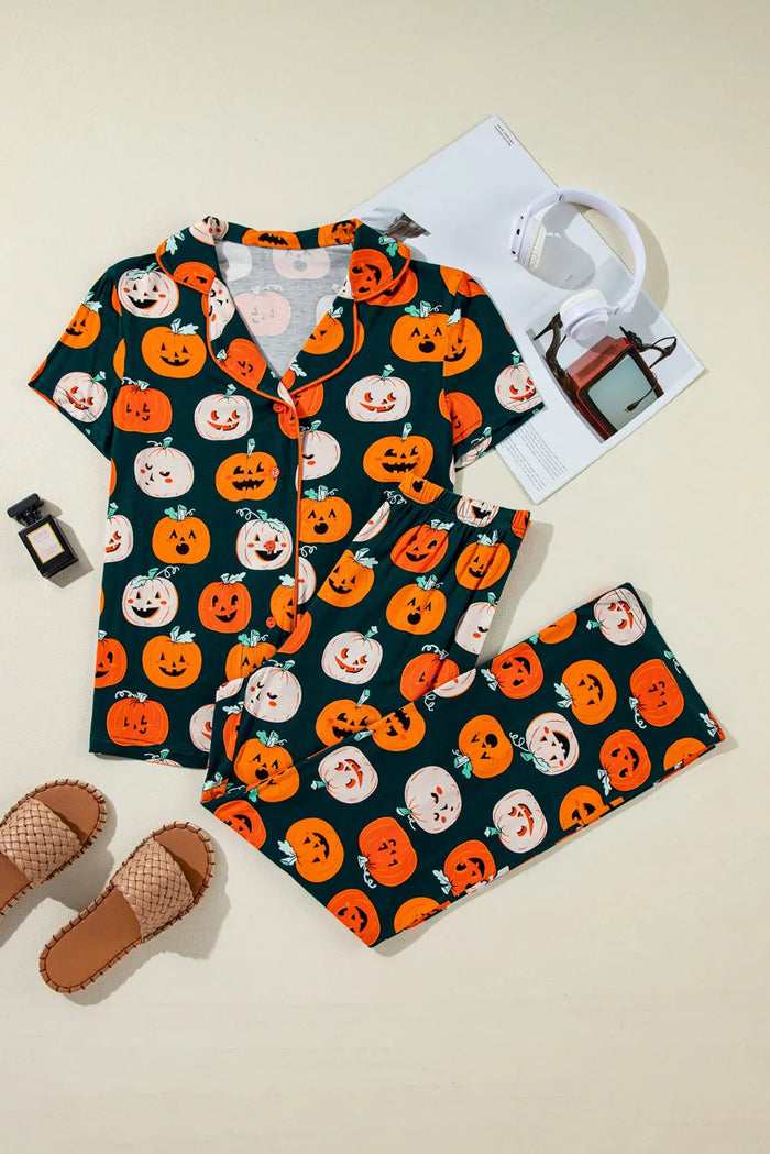 Hazel Blues® |  Pumpkin Printed Short Sleeve Top and Pants Lounge Set