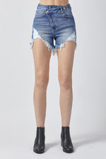 Hazel Blues® |  RISEN Raw Hem Asymmetrical Waist Denim Shorts