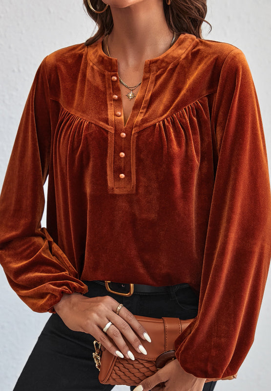 Hazel Blues® |  Notched Long Sleeve Velvet Top