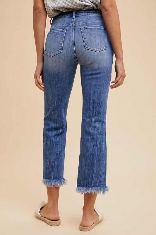 Hazel Blues® |  Annie Wear Distressed Raw Hem Straight Leg Cropped Jeans