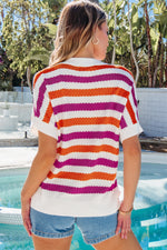 Hazel Blues® |  Green Stripe V Neck Short Sleeve Sweater with Side Slits