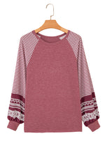 Hazel Blues® |  Black Contrast Print Striped Raglan Long Sleeve Loose Top