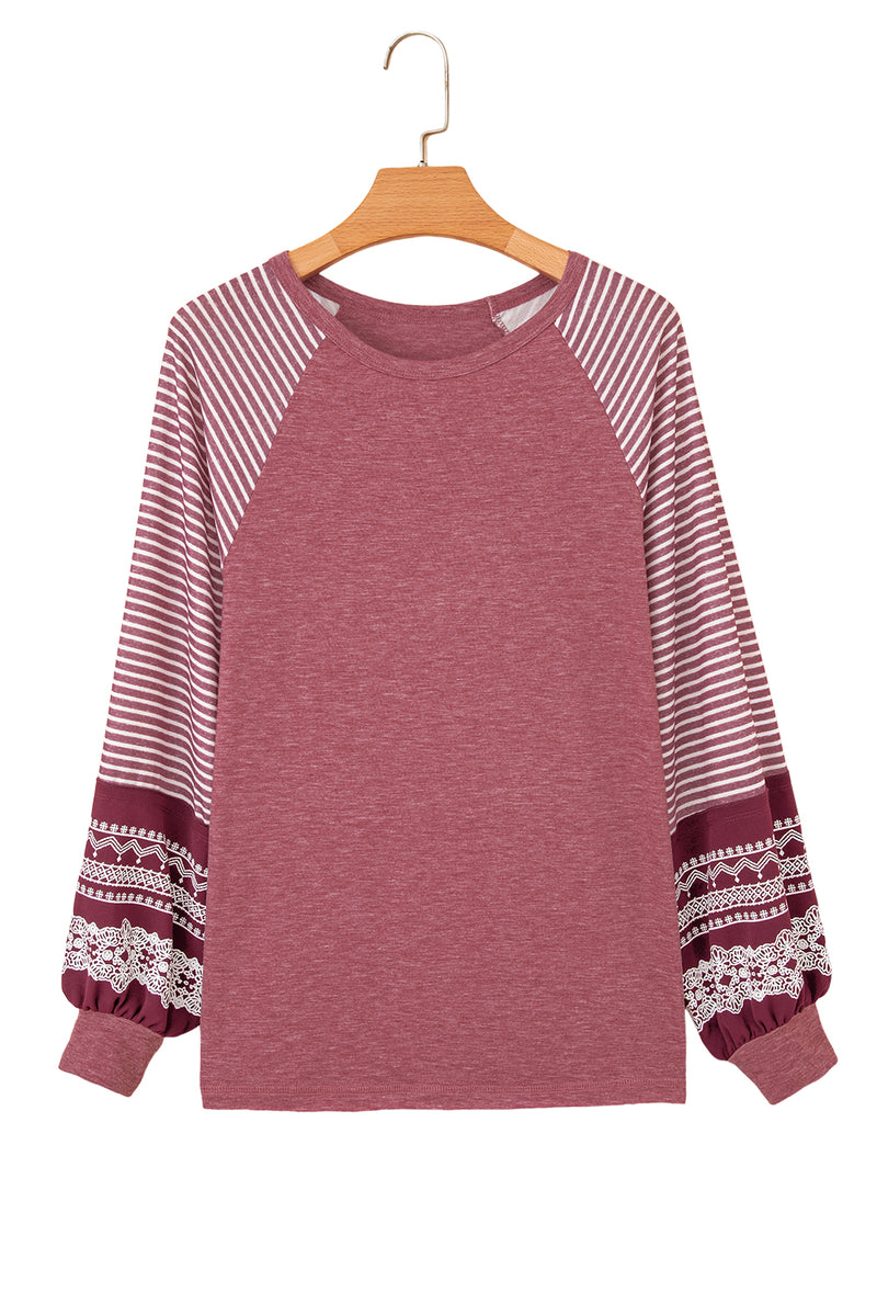 Hazel Blues® |  Black Contrast Print Striped Raglan Long Sleeve Loose Top