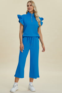 Hazel Blues® |  Double Take Texture Ruffle Short Sleeve Top and Wide Leg Pants Set