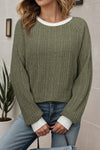 Hazel Blues® |  Moss Green Ribbed Contrast Cuffed Round Neck Long Sleeve T Shirt