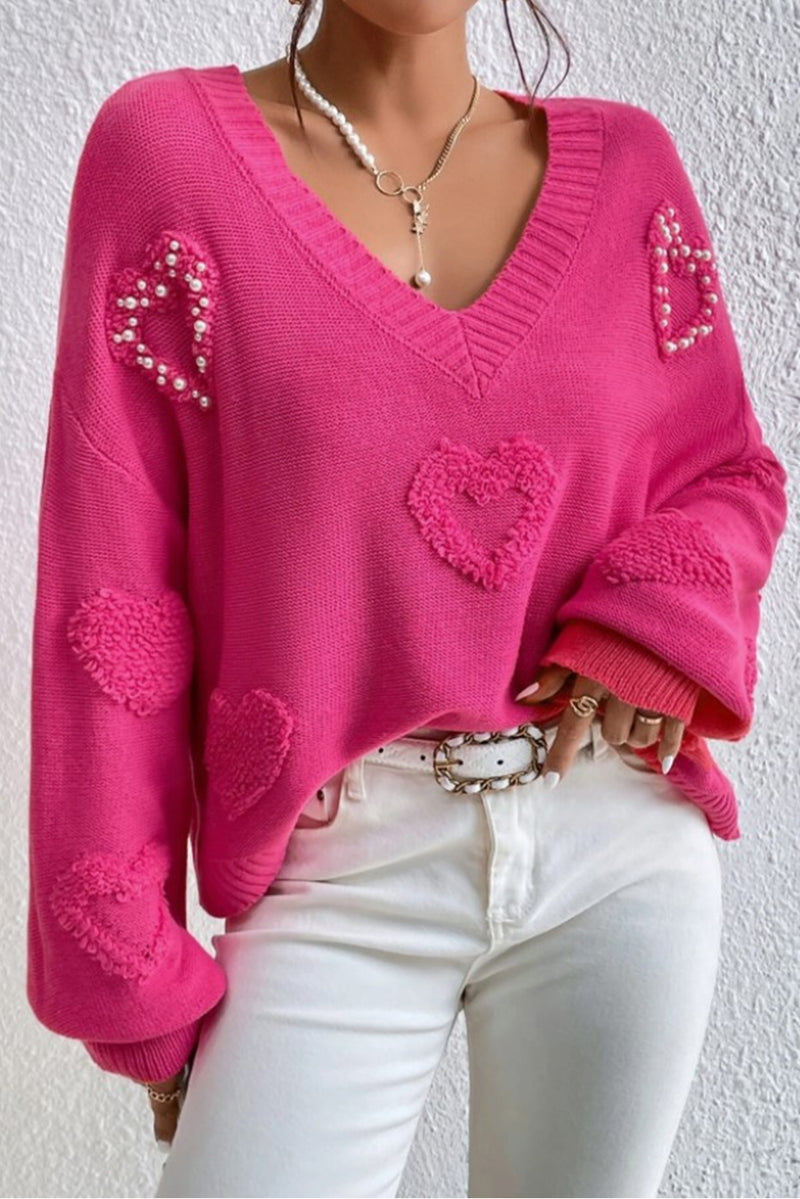 Hazel Blues® |  Pearl Trim Heart V-Neck Sweater