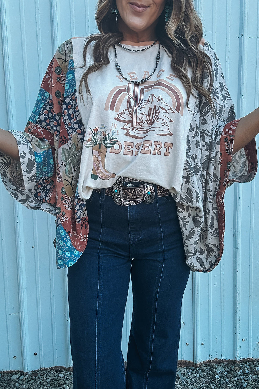 Hazel Blues® |  Multicolour Asymmetric Printed Patchwork Sleeve Peace Desert Graphic Top