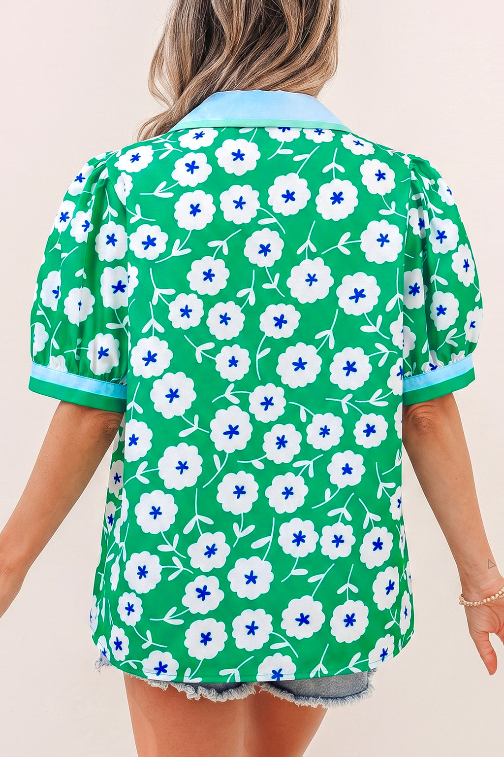 Hazel Blues® |  Green Flower Printed Contrast Patchwork Collar Short Sleeve Blouse