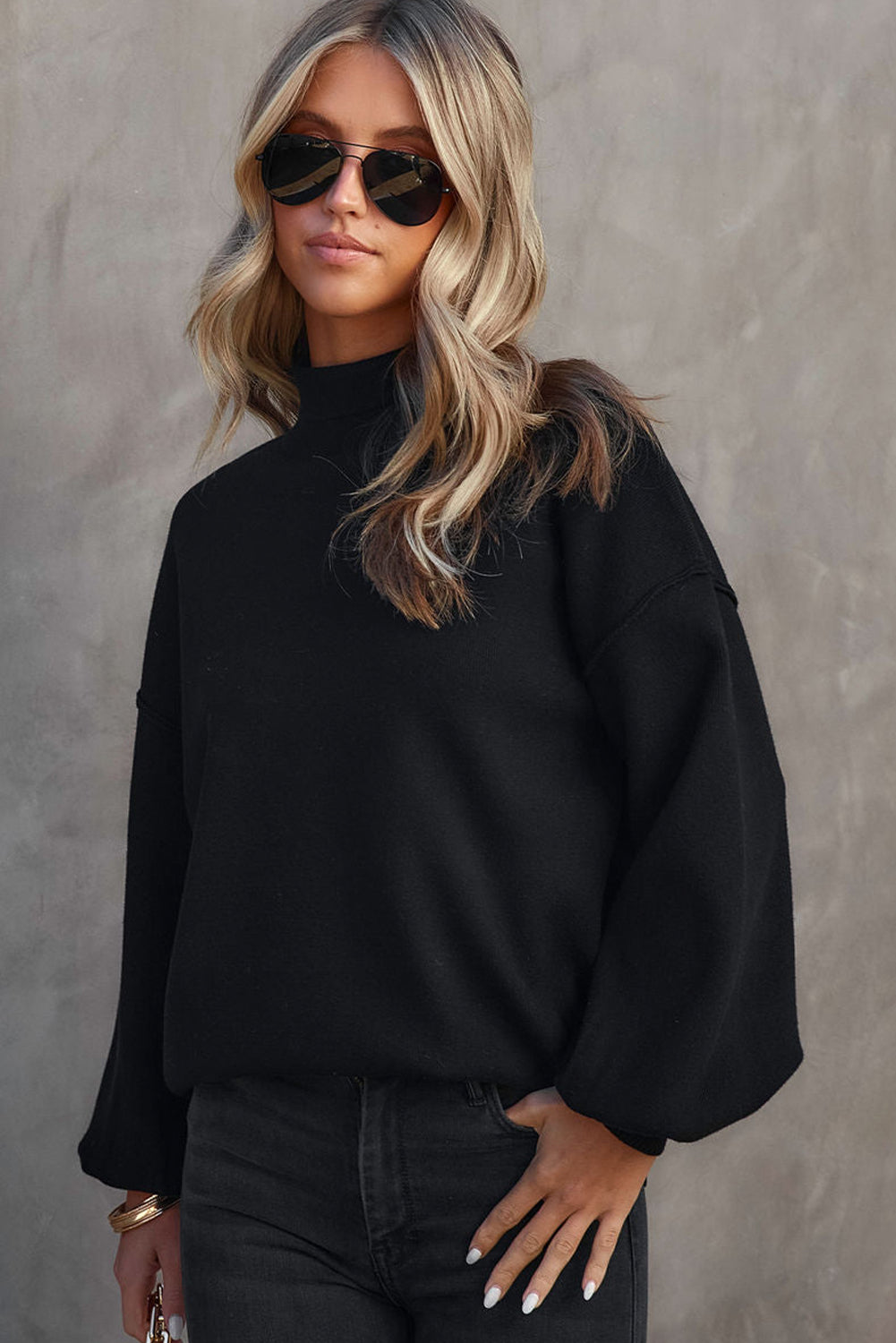 Hazel Blues® |  Mock Neck Dropped Shoulder Sweater