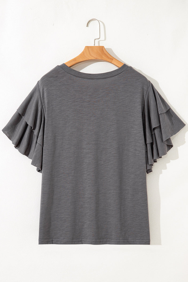 Hazel Blues® | Dark Grey Double Ruffled Short Sleeve Top