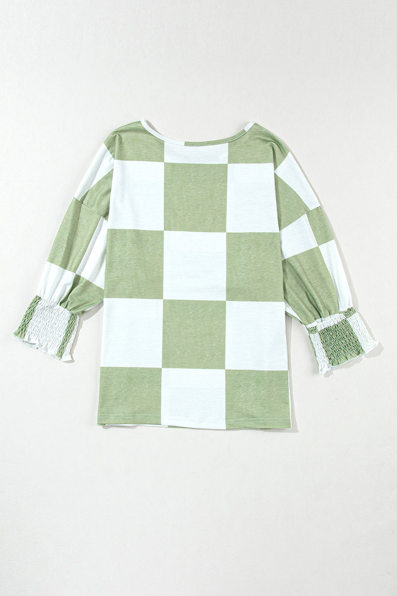 Hazel Blues® |  Checkered Round Neck Lantern Sleeve Top