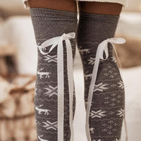 Hazel Blues® |  Christmas Element Bowknot Ribbed Trim Over Knee Stockings