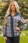 Hazel Blues® |  Gray Plaid Corduroy Patchwork Collared Zip Up Snap Button Jacket