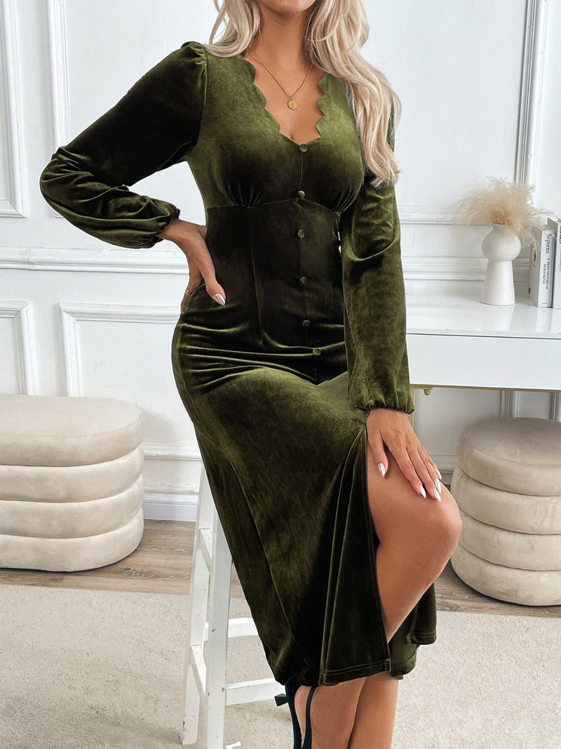 Hazel Blues® |  Perfee Slit V-Neck Long Sleeve Midi Dress