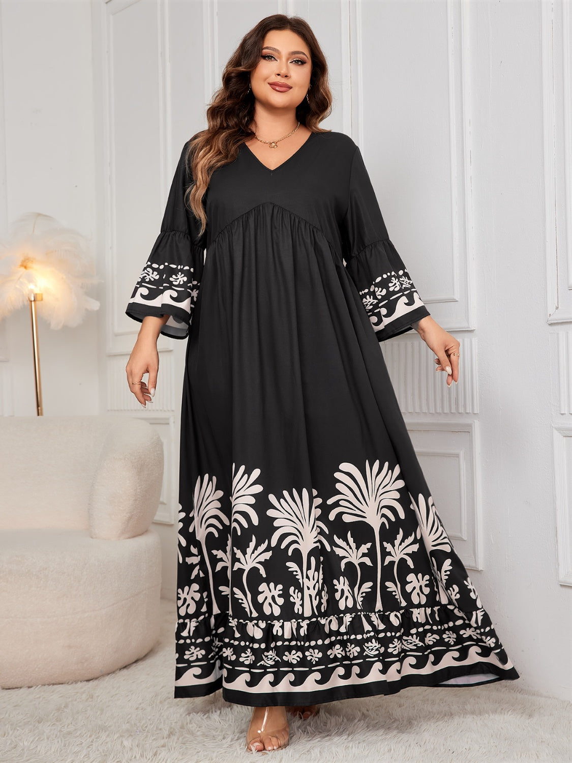 Hazel Blues® | Printed V-Neck Long Sleeve Maxi Dress