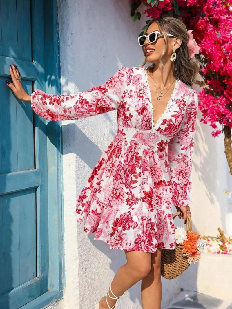 Hazel Blues | Floral Print V-Neck Long Sleeve Ruffle Hem Mini Dress Red / 3XL