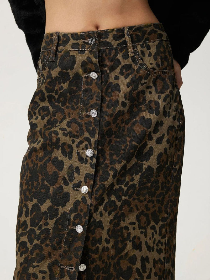 Hazel Blues® |  Leopard Button Up Denim Skirt