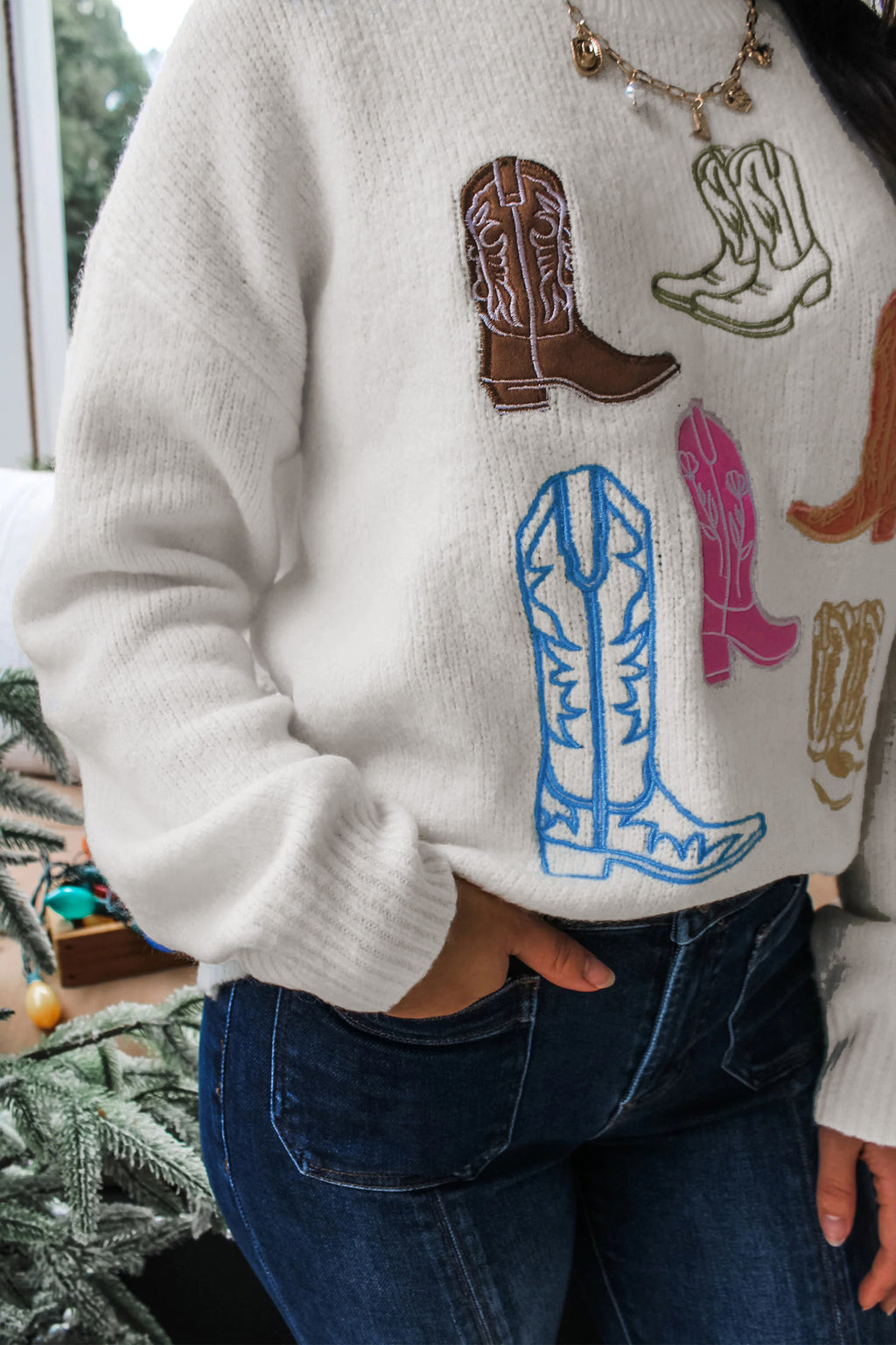 Audrey Noelle Western Boots Graphic Sweater