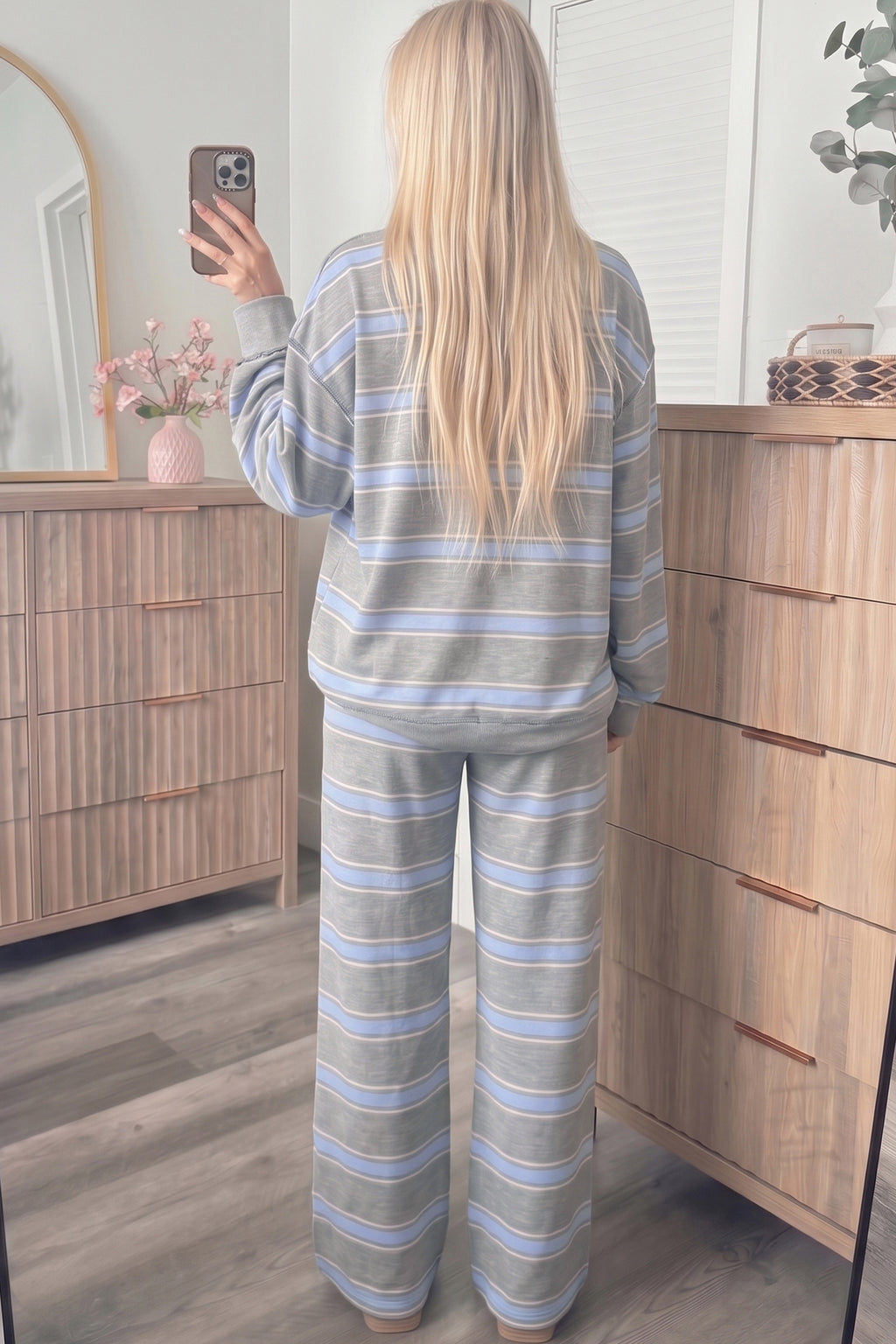 Blue Stripe Mock-Neck Top and Pants Set