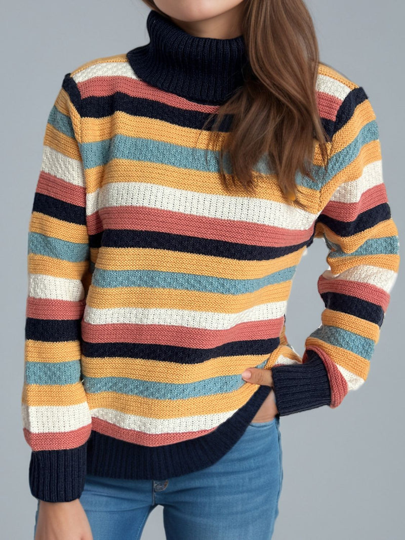 Hazel Blues® |  Contrast Stripes Turtleneck Long Sleeve Sweater