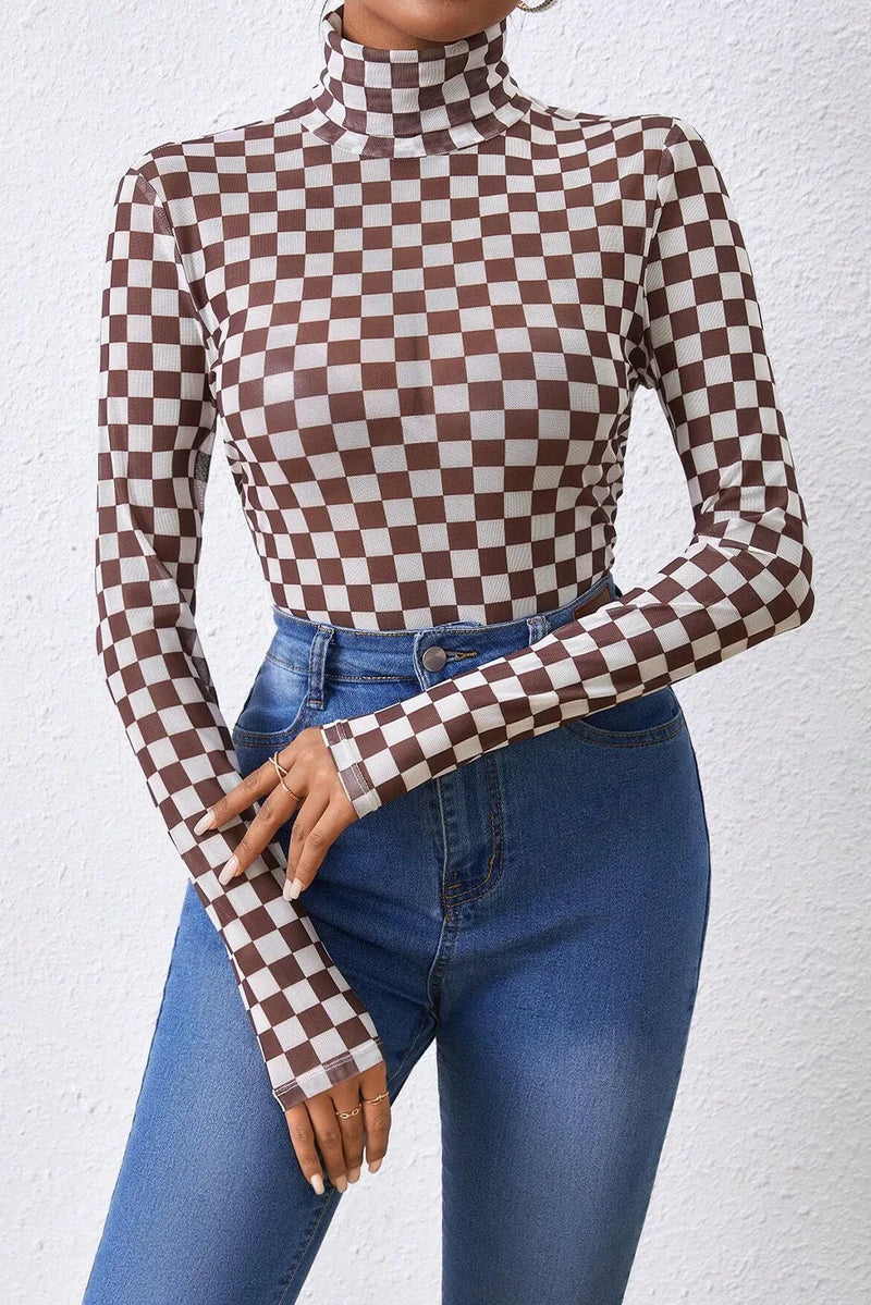 Hazel Blues® |  Checkered Turtleneck Long Sleeve Bodysuit