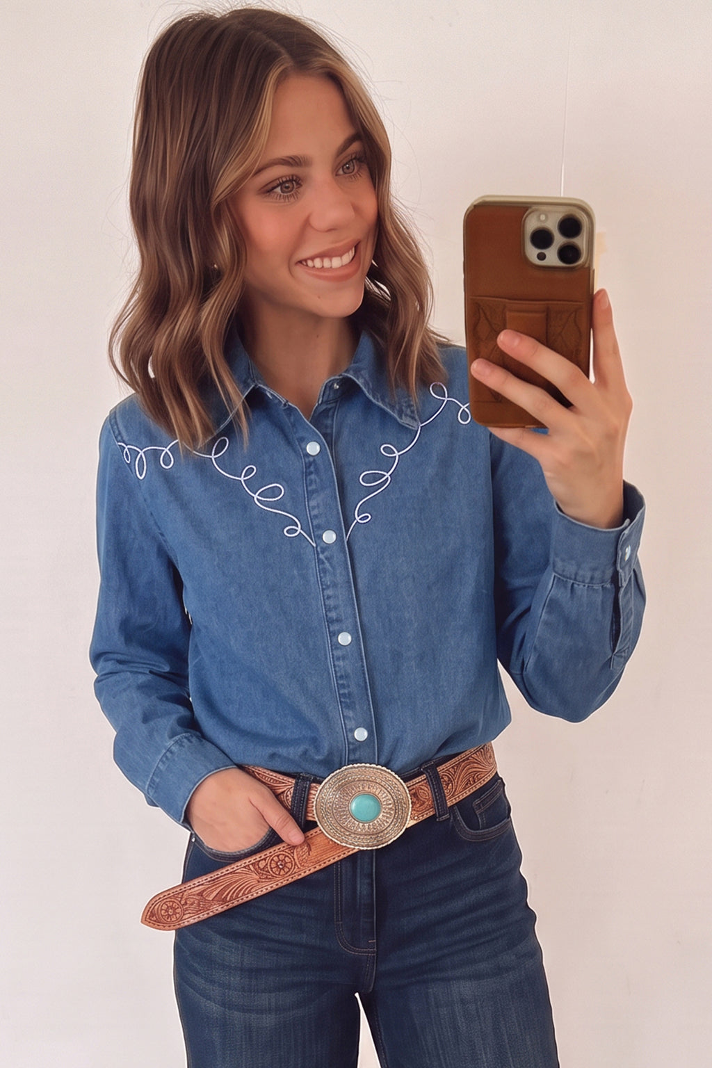 Dusk Blue Western Embroidered Collar Long-Sleeve Denim Shirt